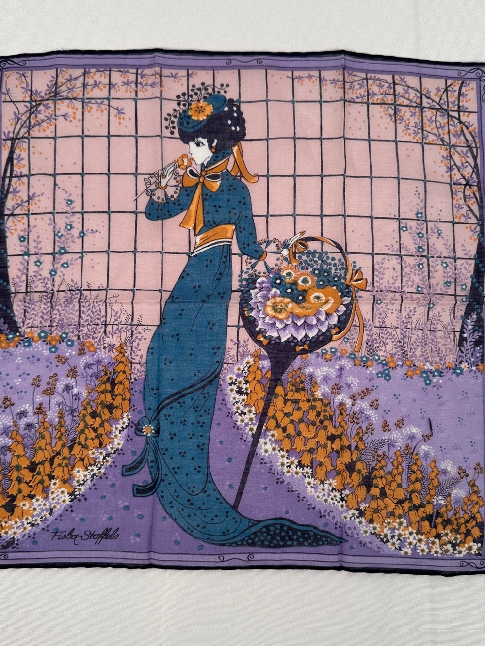 Vintage Fisba Stoffels Handkerchief EUC Art Nouveau Lady Print Silk Scarf Swiss